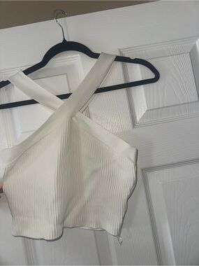 debut White Cross-Over Ribbed Crop Top